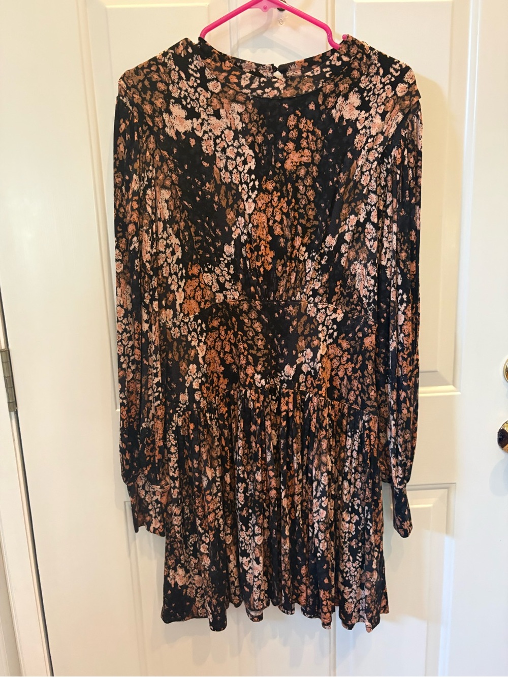 Free People Black Rose Gold Floral Long Sleeve Tiered Mini Dress Boho Festival